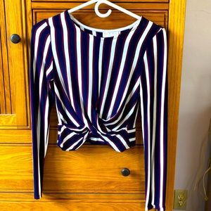S, Navy, white, and red striped blouse